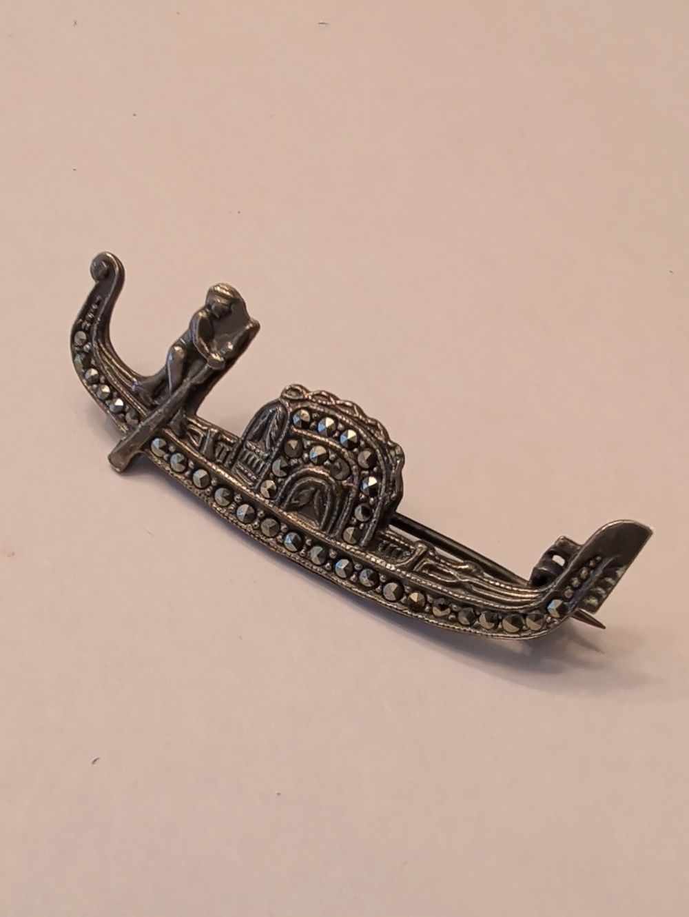 Vintage Silver Gondola Brooch with Sparkling Marcasite